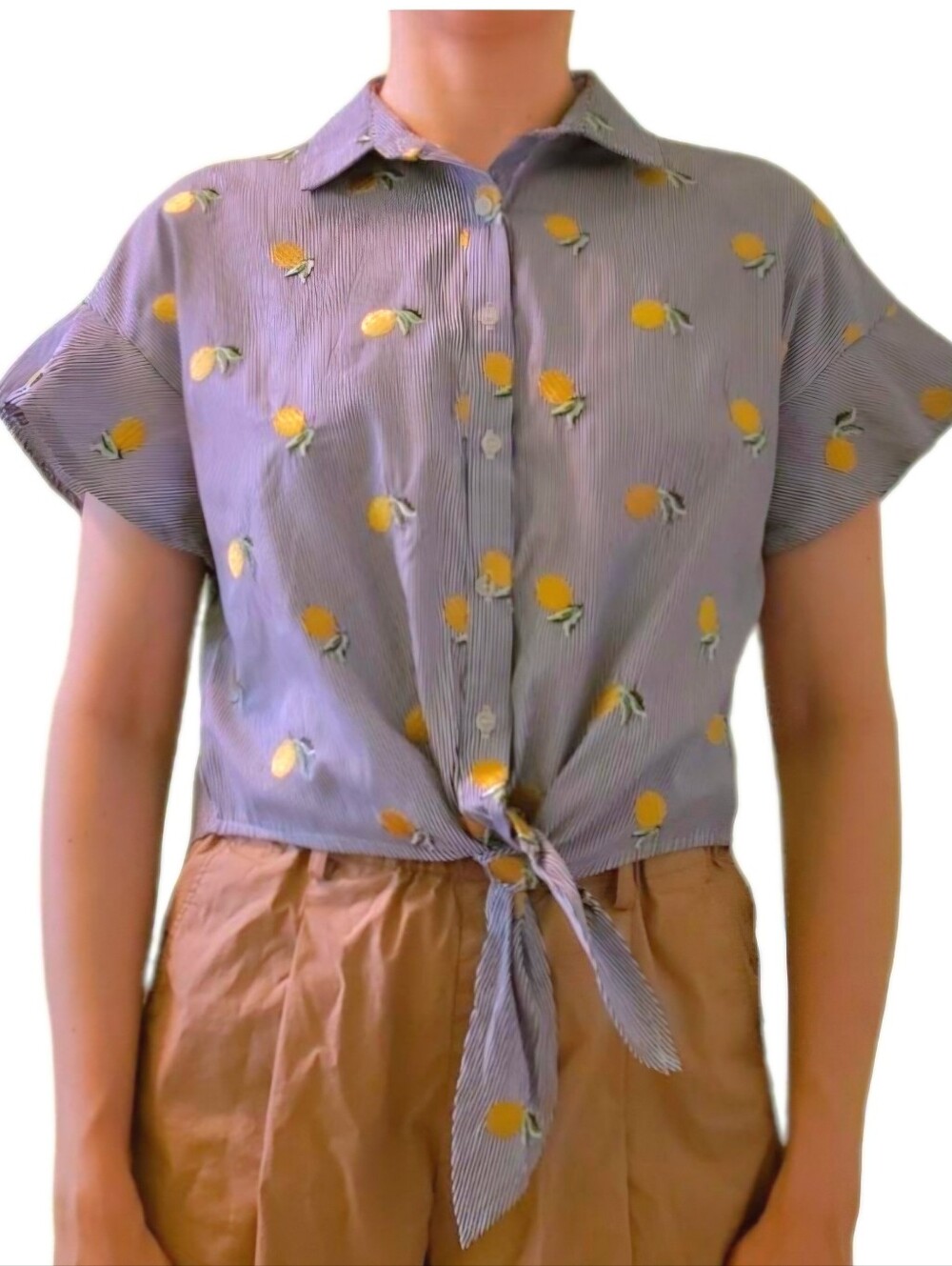 Love Fire Front Tie Ruffle Sleeve Pinstripe Blouse, embroidered lemon. Size S/P